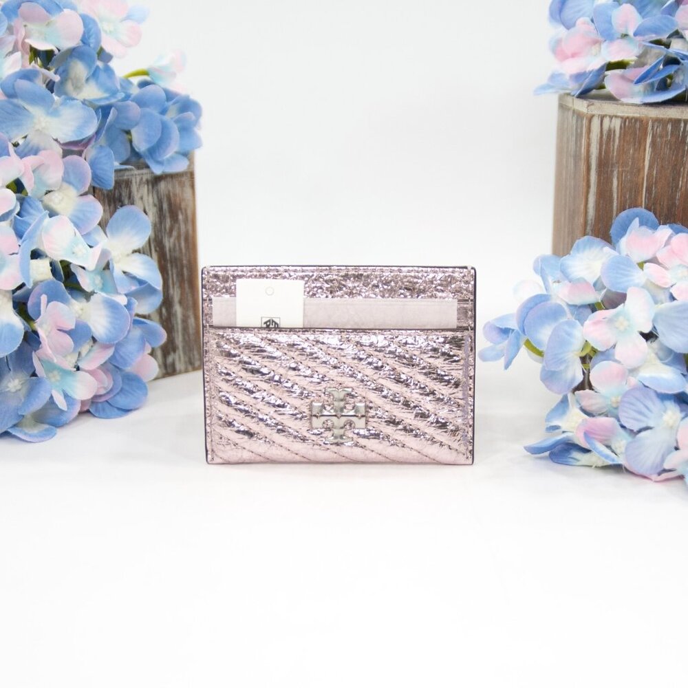 Tory Burch Sparkle Pink Leather Kira Quilted Logo Card Case Mini Wallet NWT